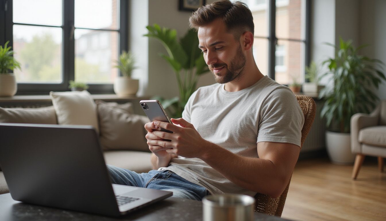 A person enjoying a crypto casino app in a modern living room. A person enjoying a crypto casino app in a modern living room.