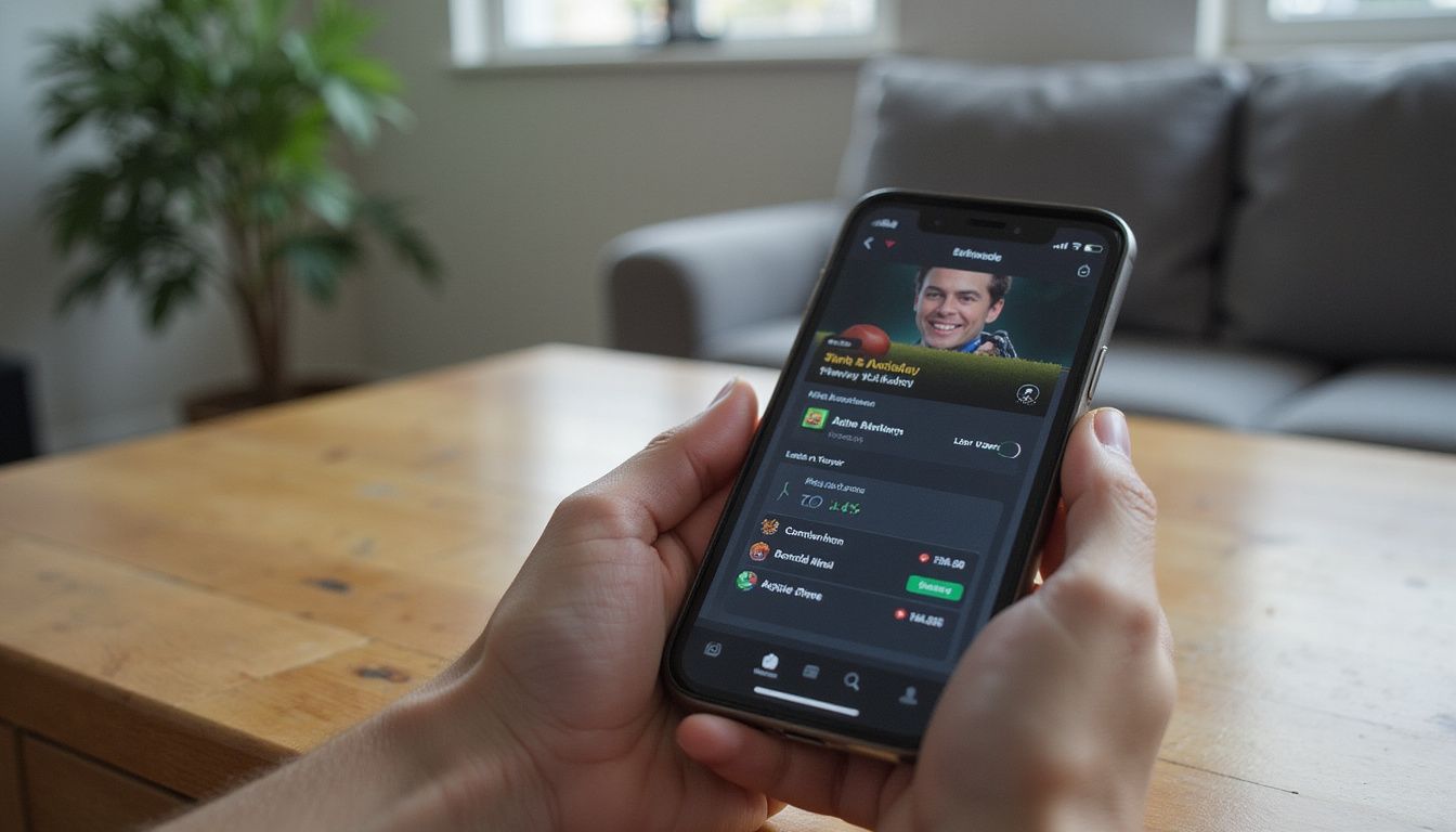 A hand holding a smartphone with a sports betting app open. A hand holding a smartphone with a sports betting app open.