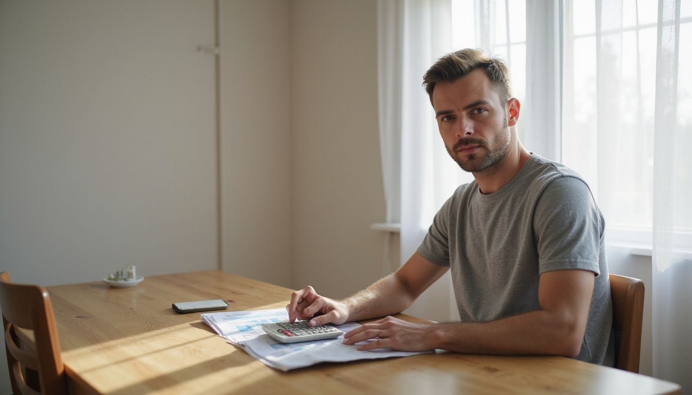 A man in his 30s sitting at a desk using a sports betting guide and calculator. A man in his 30s sitting at a desk using a sports betting guide and calculator.