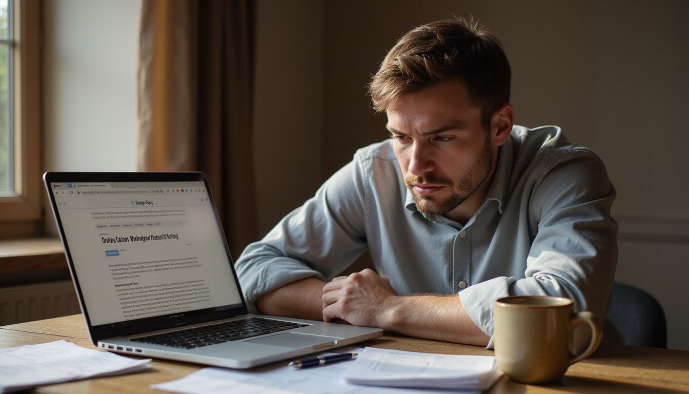 A frustrated man in his 30s sitting at a desk with a laptop and scattered papers. A frustrated man in his 30s sitting at a desk with a laptop and scattered papers.