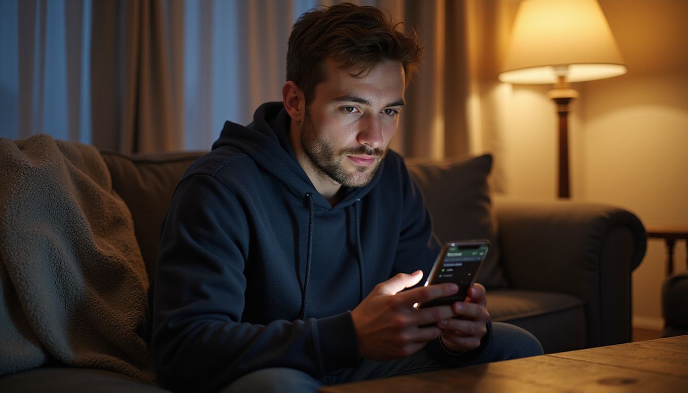A man in a hoodie sits on a sofa using a sports betting app on his phone. A man in a hoodie sits on a sofa using a sports betting app on his phone.