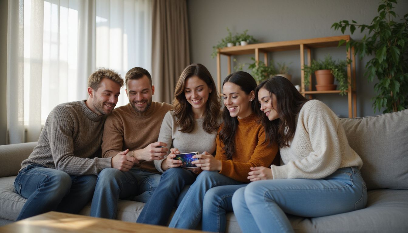 A group of adults enjoying a smartphone game on a cozy sofa. A group of adults enjoying a smartphone game on a cozy sofa.