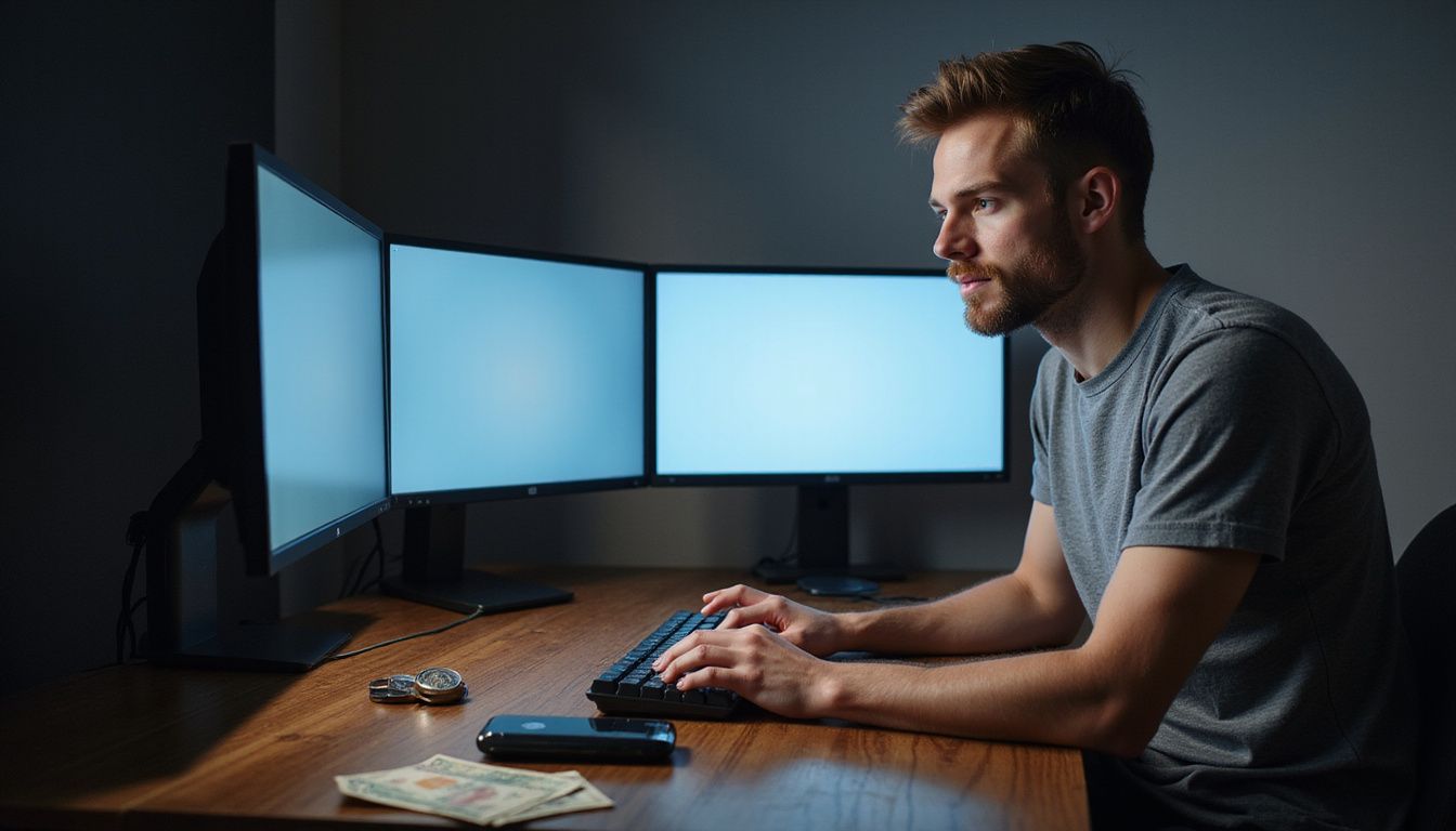 A focused man sits at a modern desk surrounded by high-tech gadgets. A focused man sits at a modern desk surrounded by high-tech gadgets.