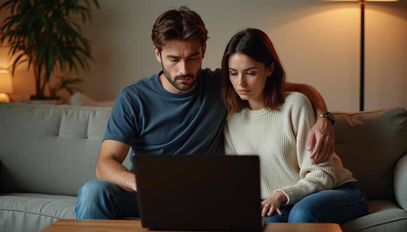A couple in their 30s focused on a laptop on a couch. A couple in their 30s focused on a laptop on a couch.