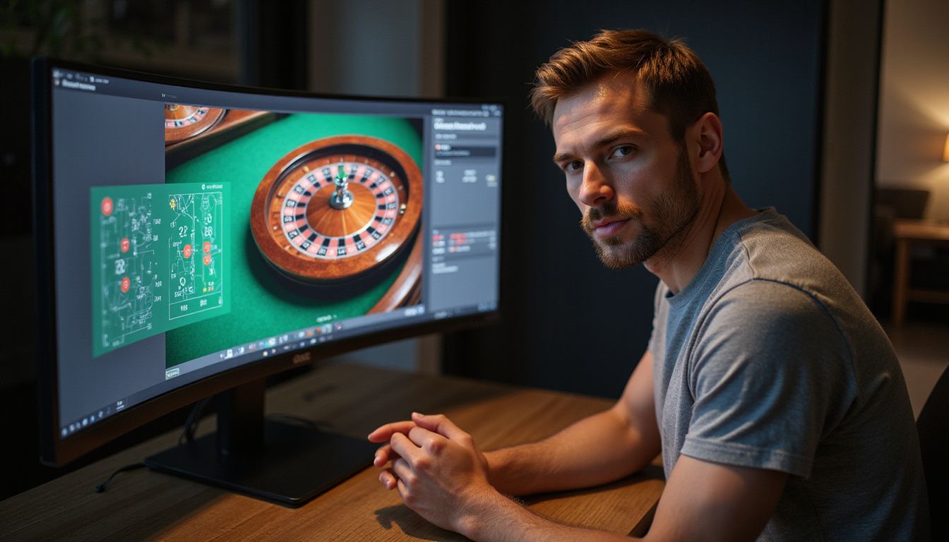 A man focuses on a virtual European Roulette game on a screen. A man focuses on a virtual European Roulette game on a screen.
