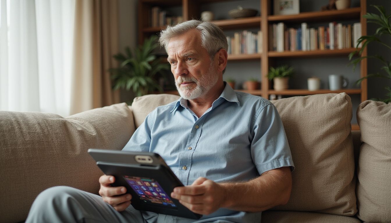 An older man peacefully plays a slot game on his tablet. An older man peacefully plays a slot game on his tablet.