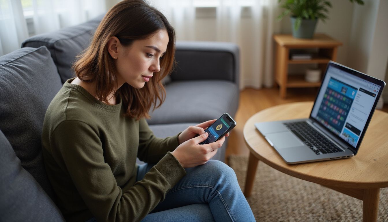 A woman in her 30s sits on a sofa, playing mobile casino games. A woman in her 30s sits on a sofa, playing mobile casino games.