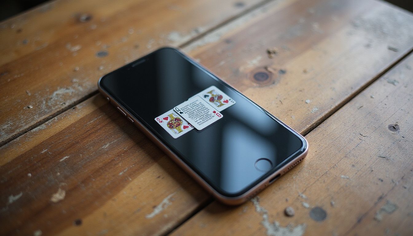 A sleek iPhone with a blackjack app on a wooden table. A sleek iPhone with a blackjack app on a wooden table.