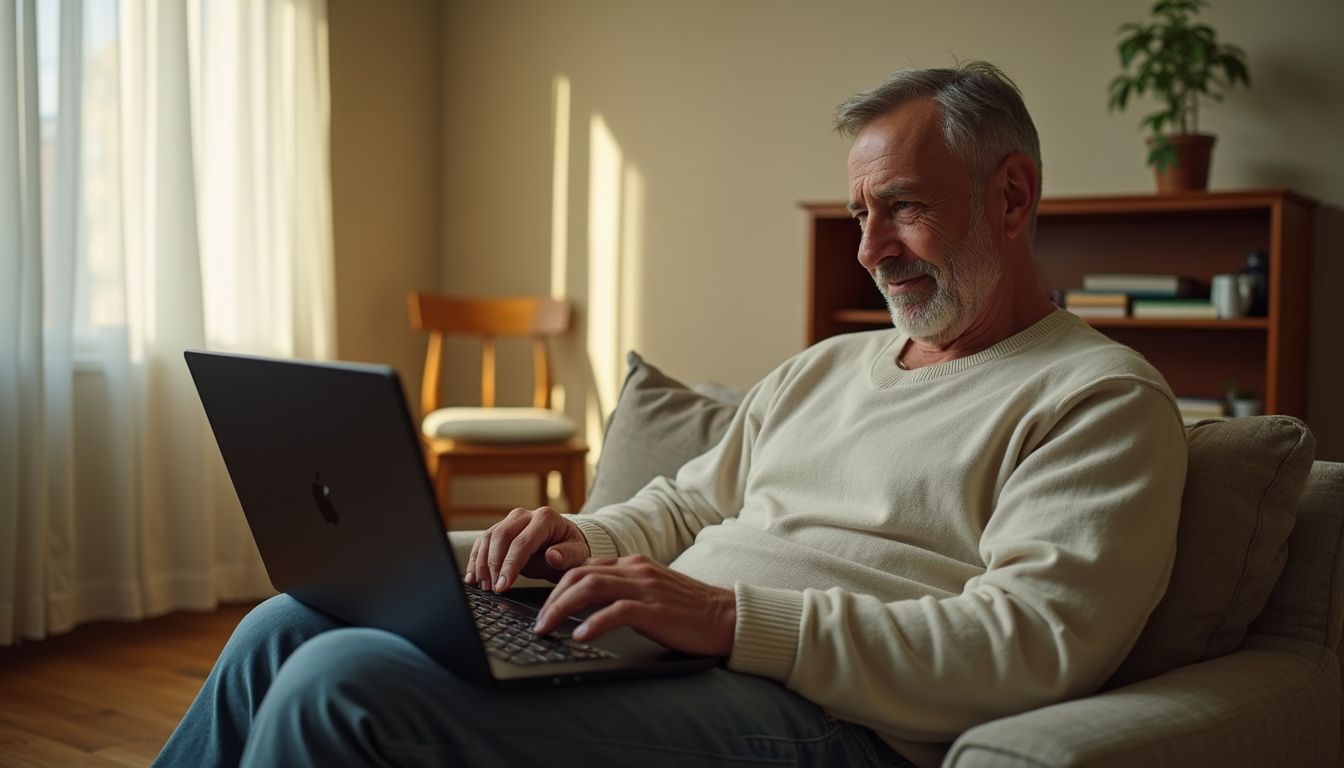 A calm, middle-aged man enjoys a roulette game on his laptop at home. A calm, middle-aged man enjoys a roulette game on his laptop at home.