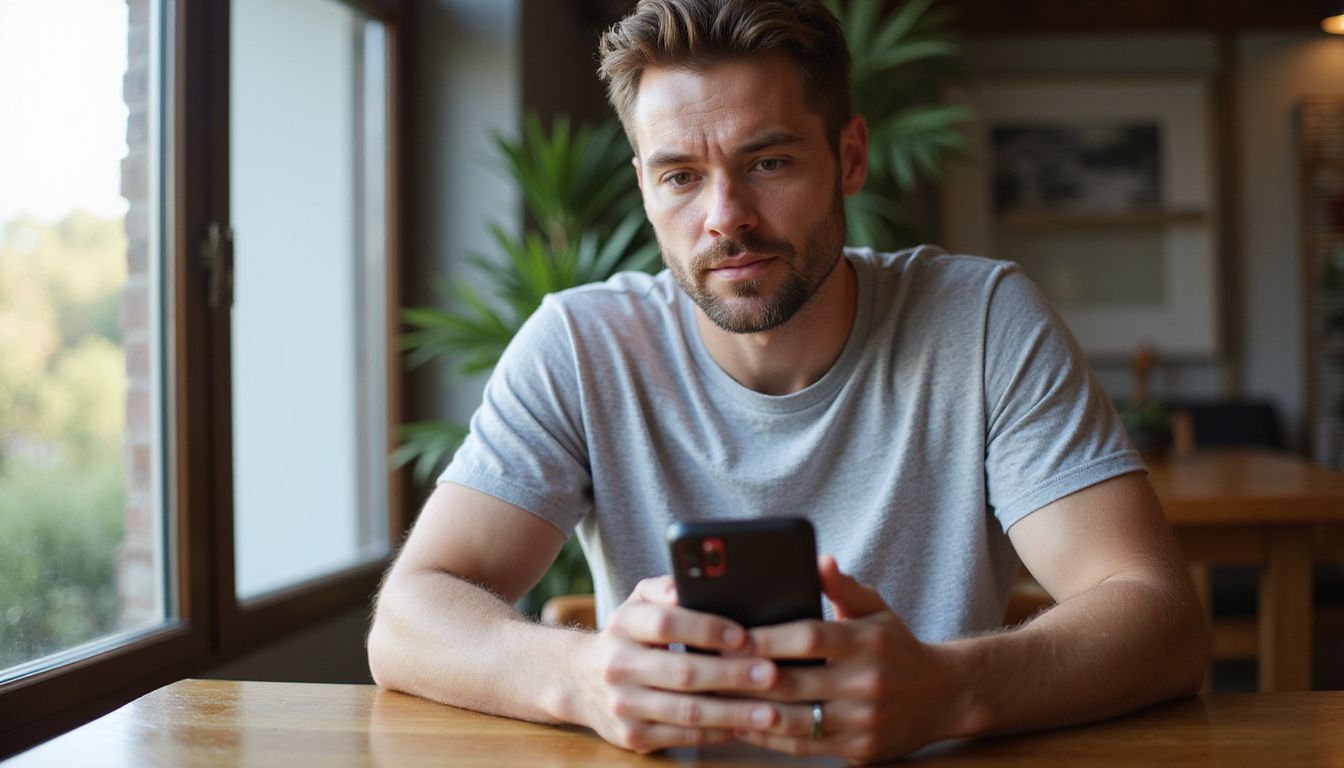 A man in his 30s sitting at a table, holding a smartphone displaying the Red Dog Casino app. A man in his 30s sitting at a table, holding a smartphone displaying the Red Dog Casino app.