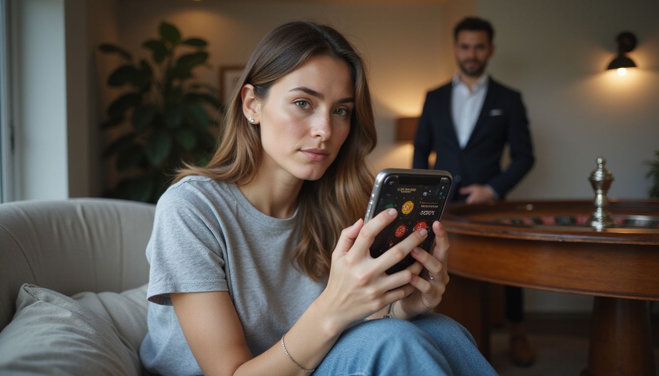A woman plays Lightning Roulette on her mobile device in a cozy living room. A woman plays Lightning Roulette on her mobile device in a cozy living room.