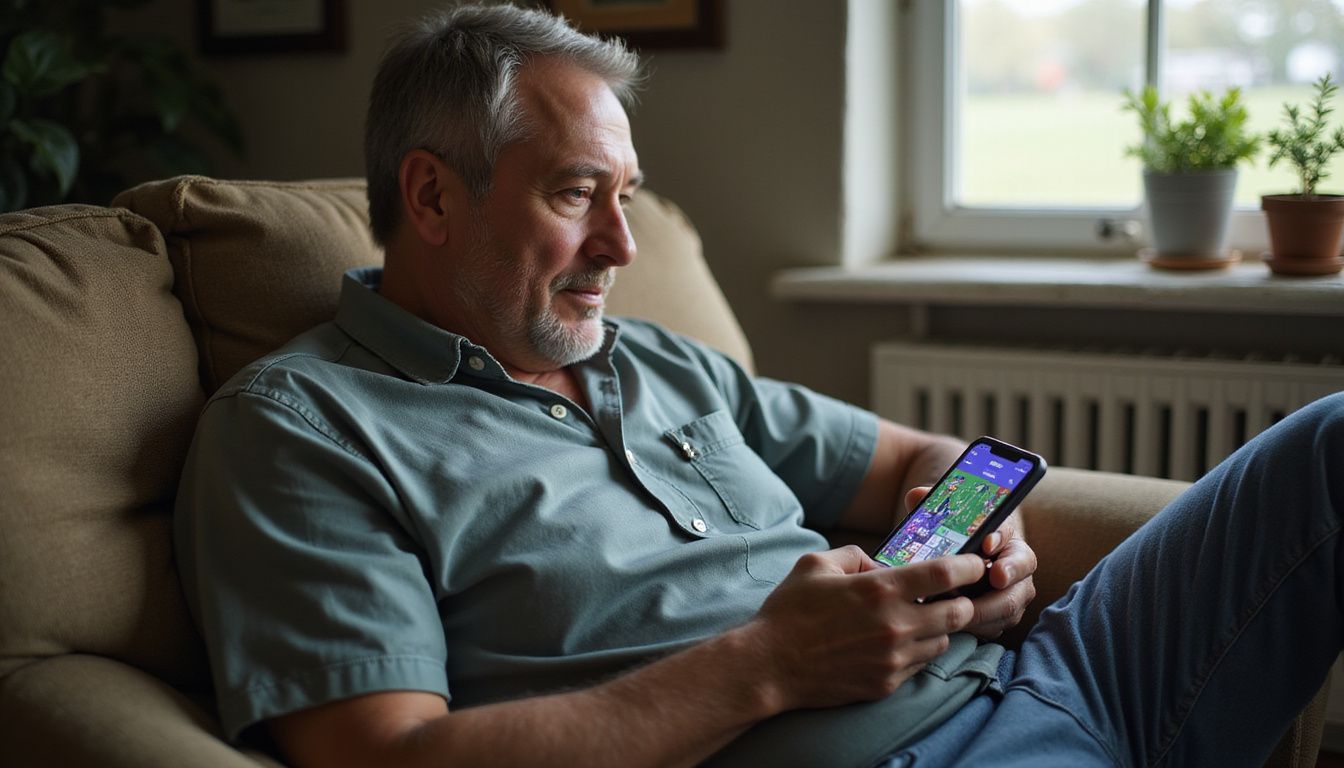 A man in his 50s sits on a worn couch, focused on a sports betting app on his smartphone. A man in his 50s sits on a worn couch, focused on a sports betting app on his smartphone.
