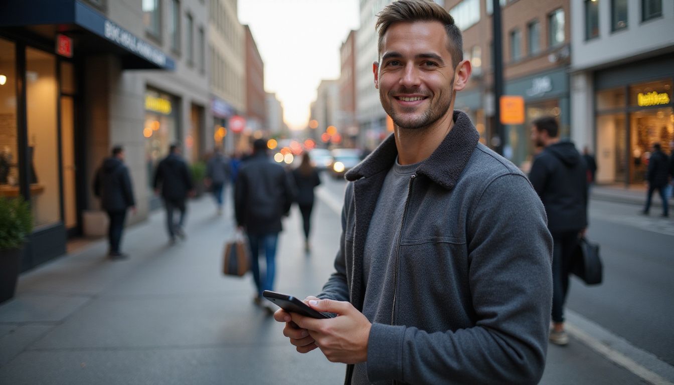 A person in their late twenties or early thirties, smiling with a smartphone displaying a bet365 withdrawal notification in a bustling city street. A person in their late twenties or early thirties, smiling with a smartphone displaying a bet365 withdrawal notification in a bustling city street.