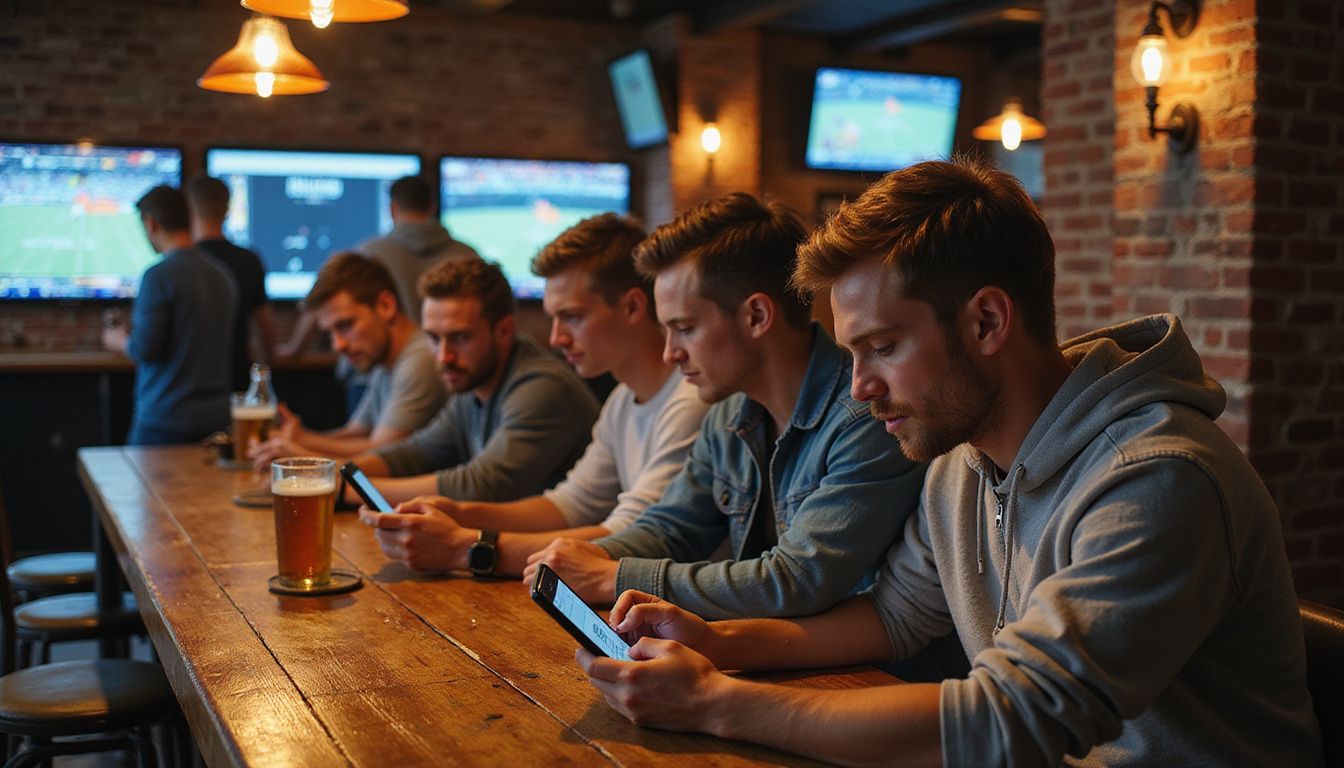 Friends using Betmate app in a sports bar with intense focus. Friends using Betmate app in a sports bar with intense focus.