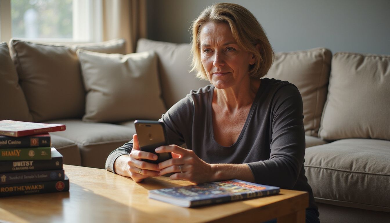 A middle-aged woman playing BetMGM Casino App in a cozy living room. A middle-aged woman playing BetMGM Casino App in a cozy living room.