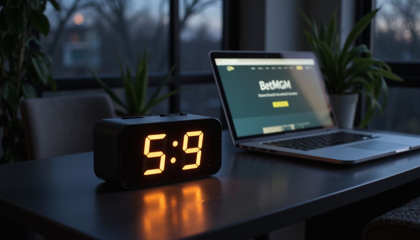A digital clock, laptop, and successful withdrawal confirmation on BetMGM website. A digital clock, laptop, and successful withdrawal confirmation on BetMGM website.