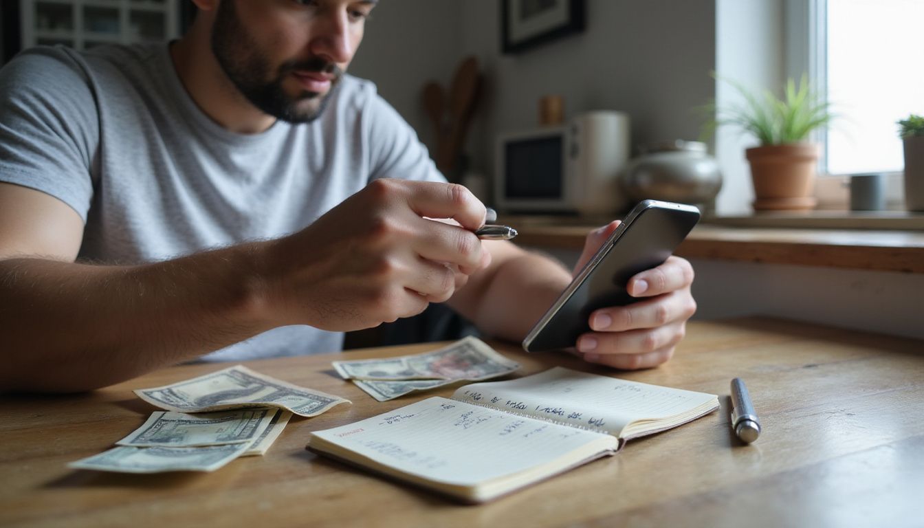 A person in a grey t-shirt sits at a kitchen table managing finances and setting betting app deposit limits on their smartphone. A person in a grey t-shirt sits at a kitchen table managing finances and setting betting app deposit limits on their smartphone.