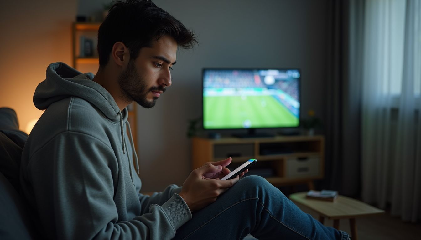 A person in their 30s browsing sports betting markets on a smartphone. A person in their 30s browsing sports betting markets on a smartphone.