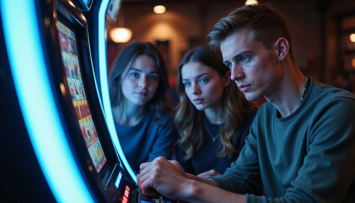 A group of young adults playing a slot machine in a casino. A group of young adults playing a slot machine in a casino.