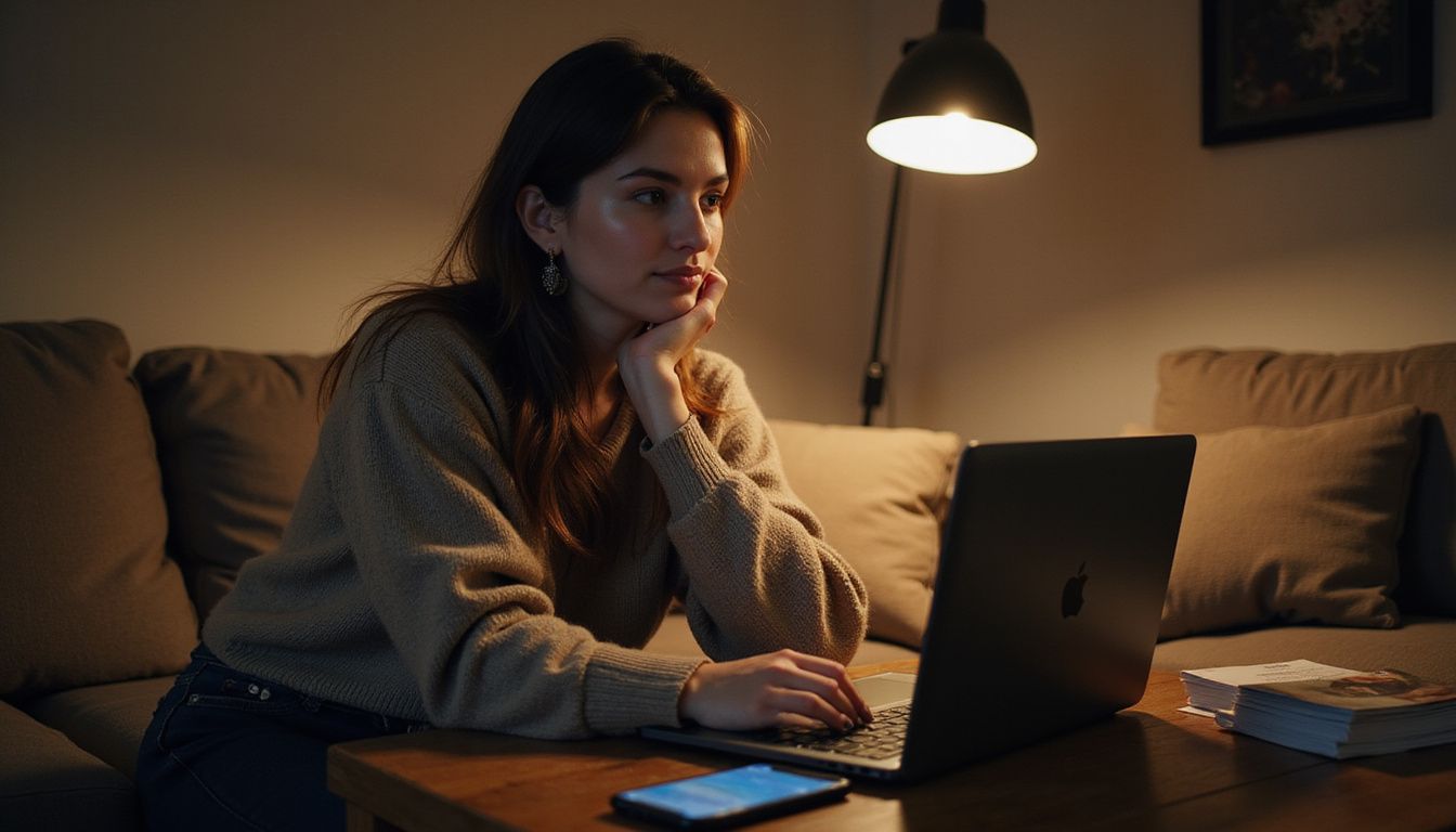 A woman seated at a table with a laptop and phone. A woman seated at a table with a laptop and phone.
