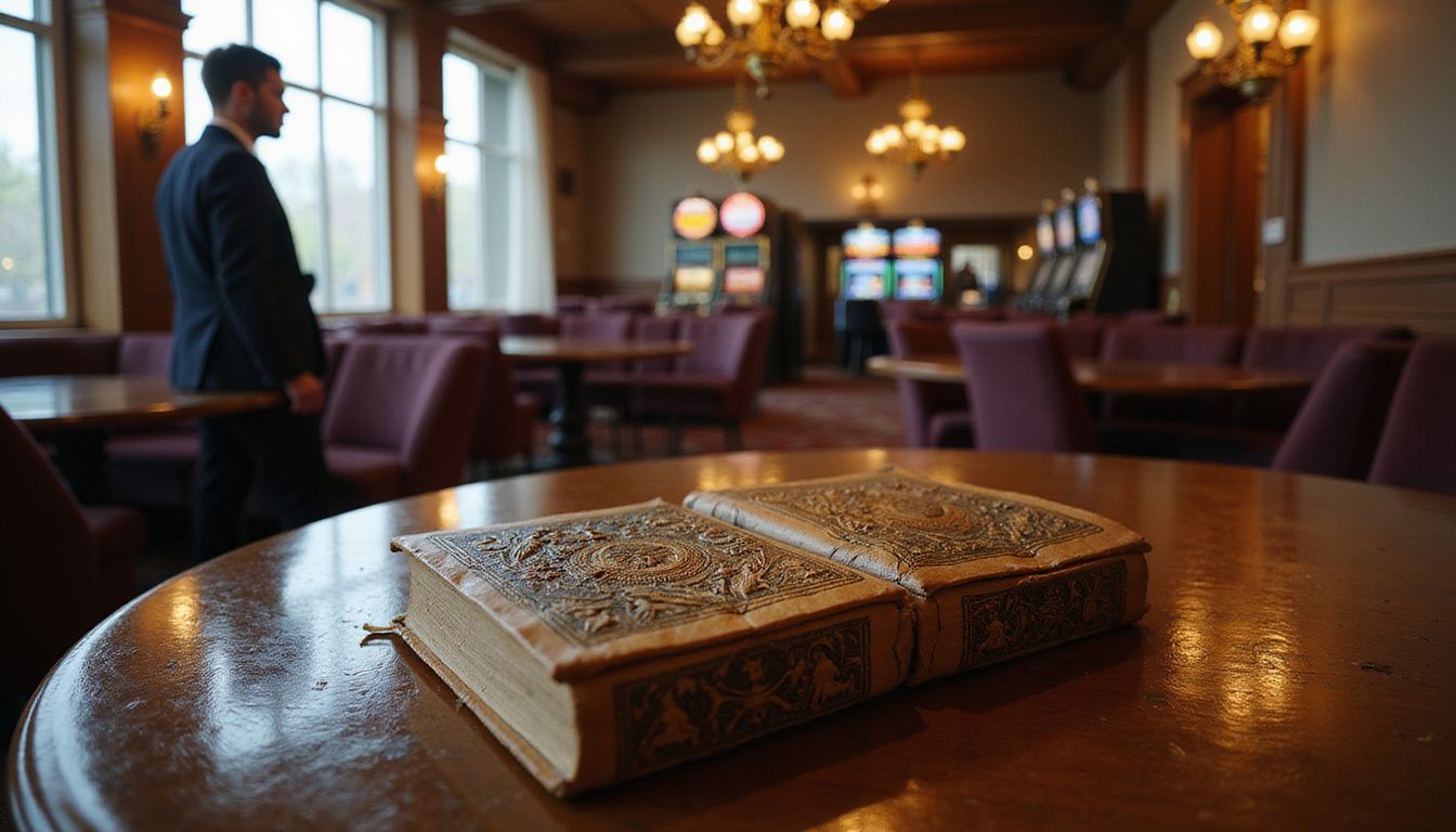 An old leather-bound book with Greek mythology motifs rests on a table in a casino. An old leather-bound book with Greek mythology motifs rests on a table in a casino.
