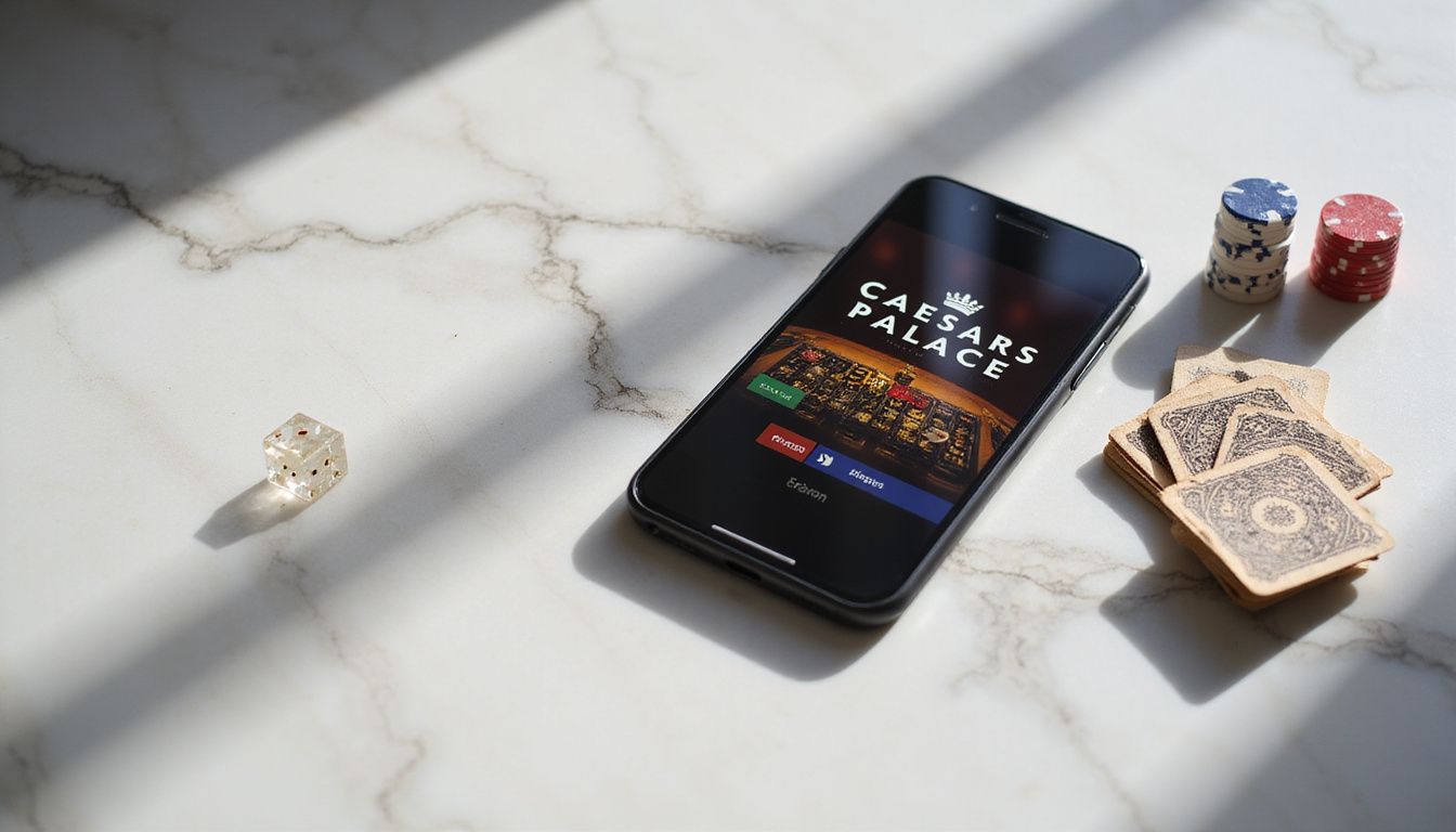 A smartphone displaying Caesars Palace Online Casino surrounded by casino paraphernalia. A smartphone displaying Caesars Palace Online Casino surrounded by casino paraphernalia.