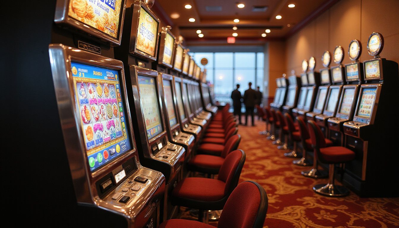 A casino floor with rows of slot machines and players. A casino floor with rows of slot machines and players.