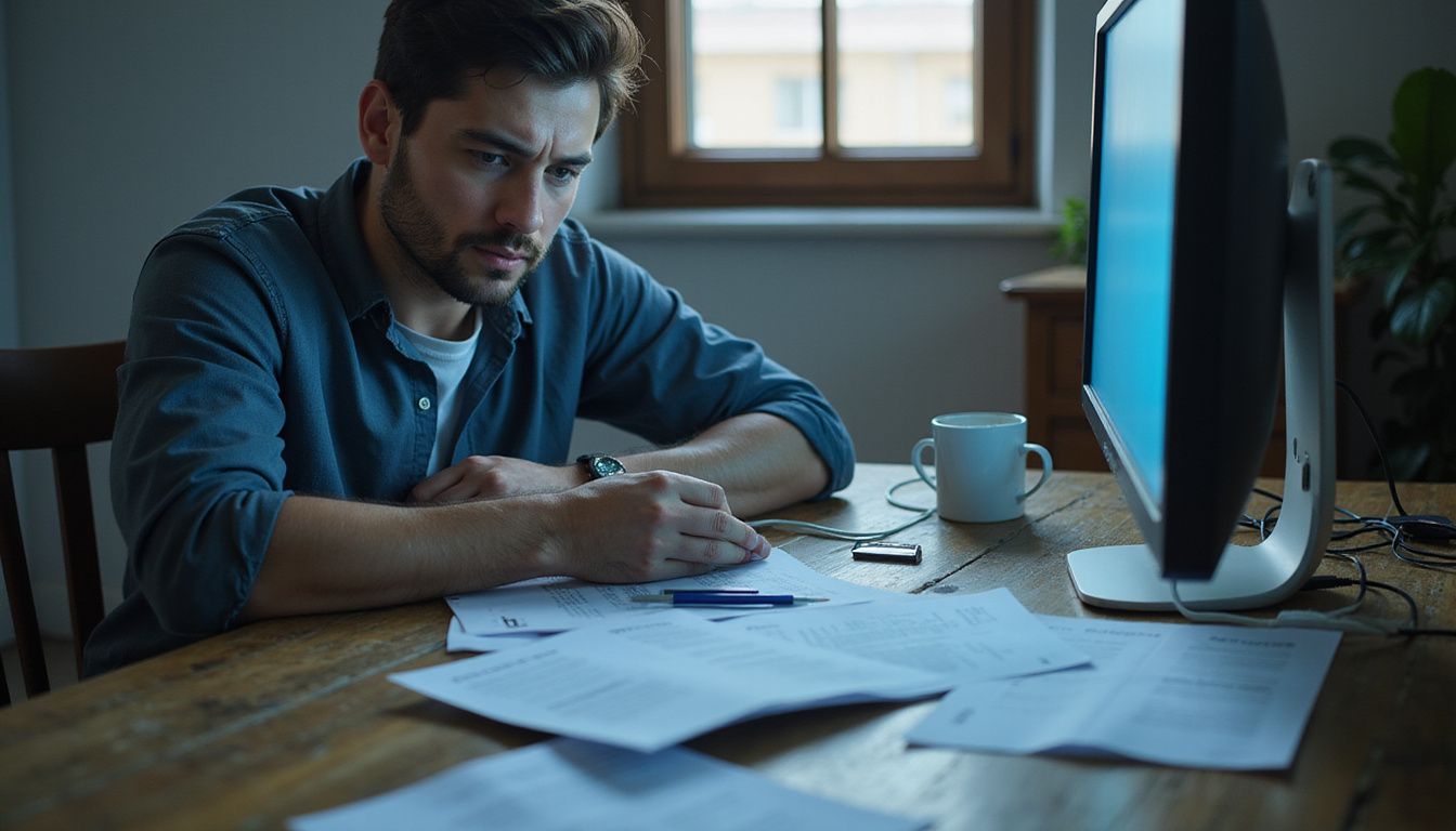 A frustrated man sits at a cluttered desk with documents and a computer. A frustrated man sits at a cluttered desk with documents and a computer.