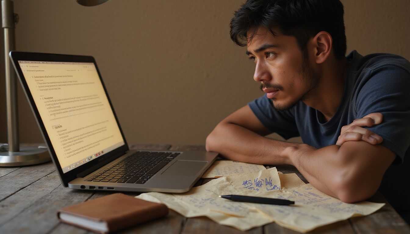 A person in their 30s sits at a table, reviewing online casino terms and conditions. A person in their 30s sits at a table, reviewing online casino terms and conditions.