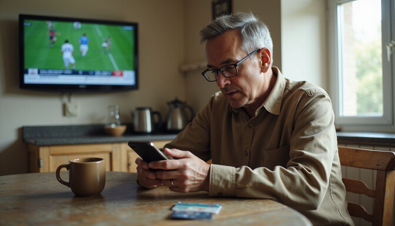 Elderly man using smartphone for betting in modest kitchen setting. Elderly man using smartphone for betting in modest kitchen setting.