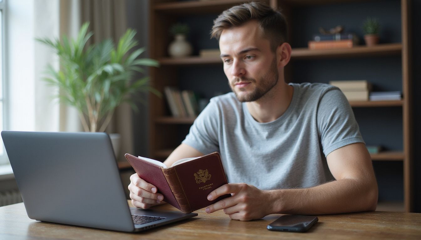 A person sitting at a table using a passport for verification. A person sitting at a table using a passport for verification.
