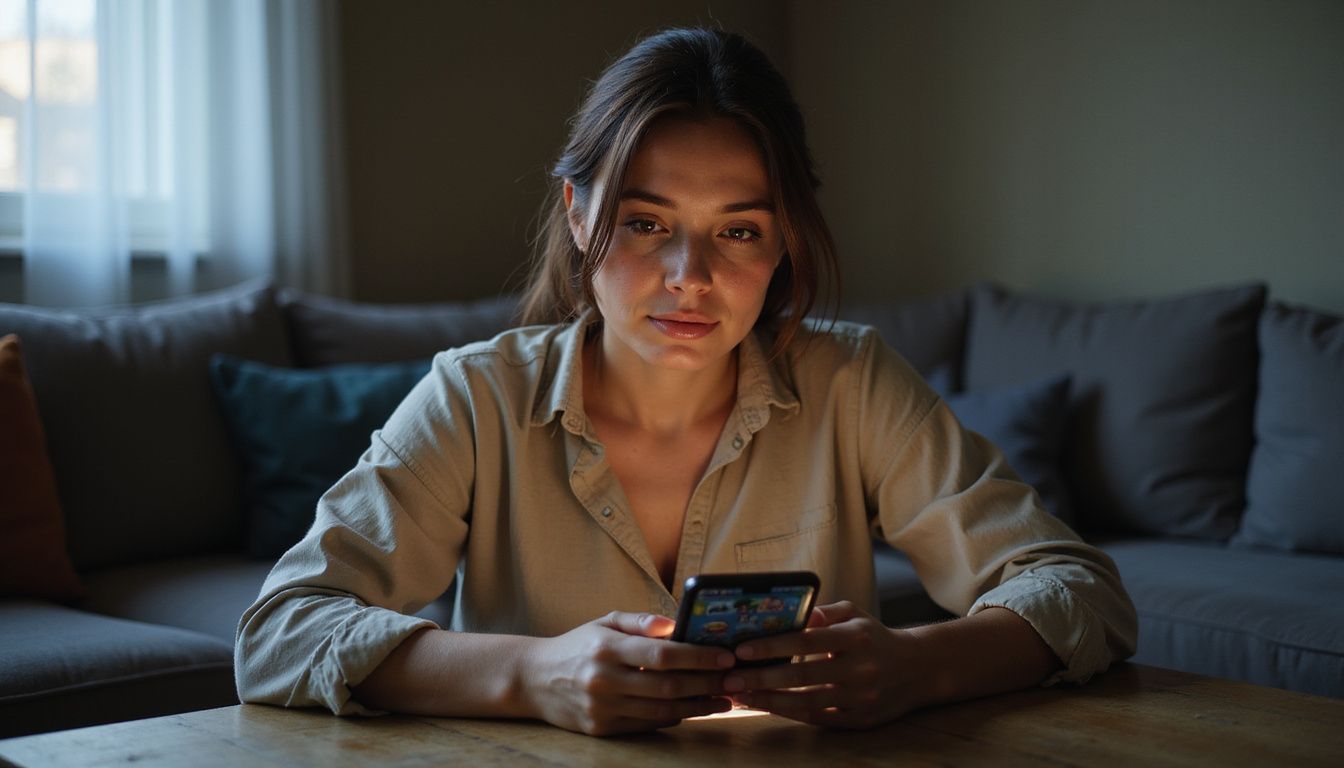 A woman in her 30s plays a slot game on her smartphone. A woman in her 30s plays a slot game on her smartphone.