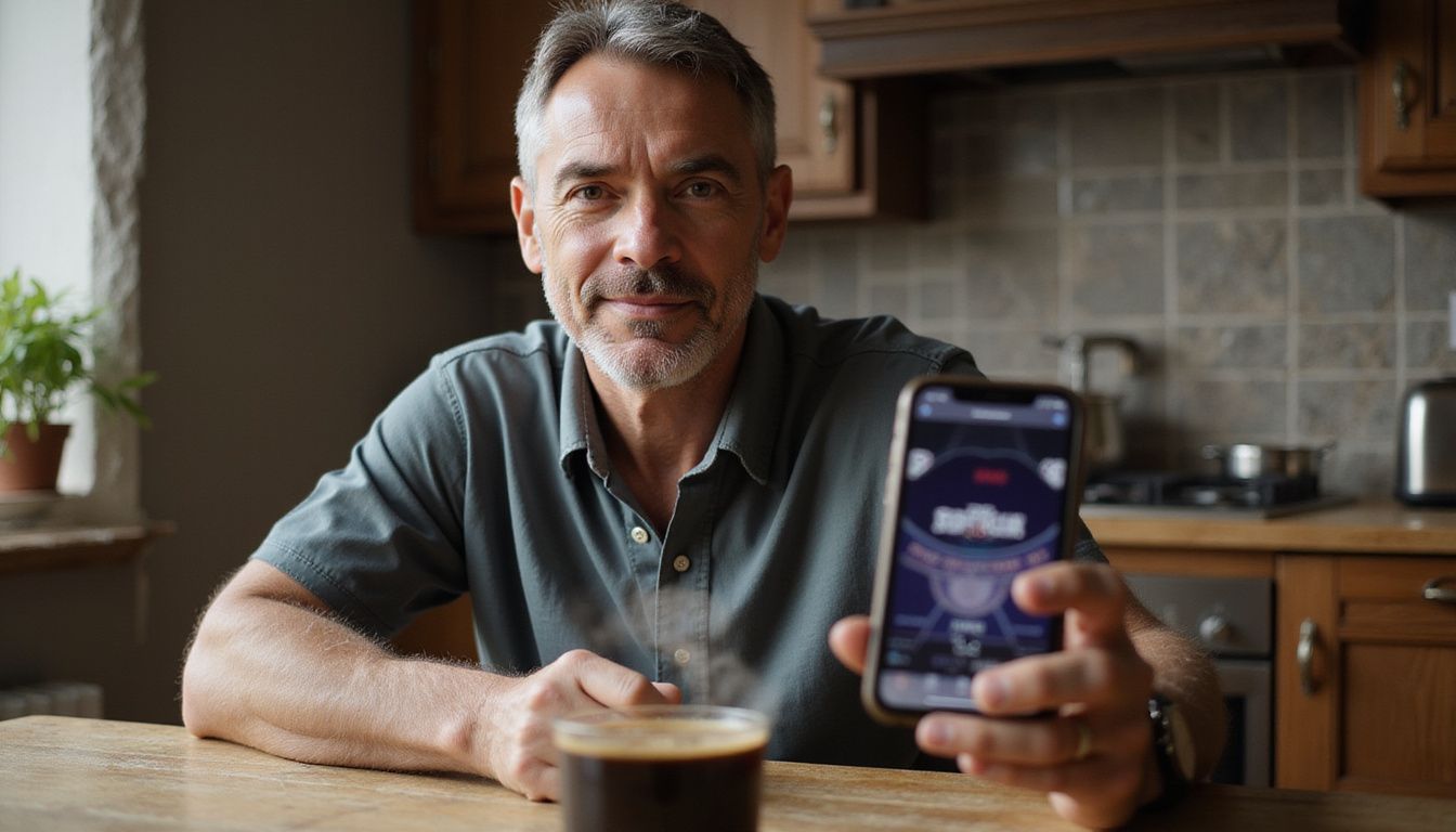 A man in his 50s sits at a kitchen table playing a blackjack app on his iPhone. A man in his 50s sits at a kitchen table playing a blackjack app on his iPhone.