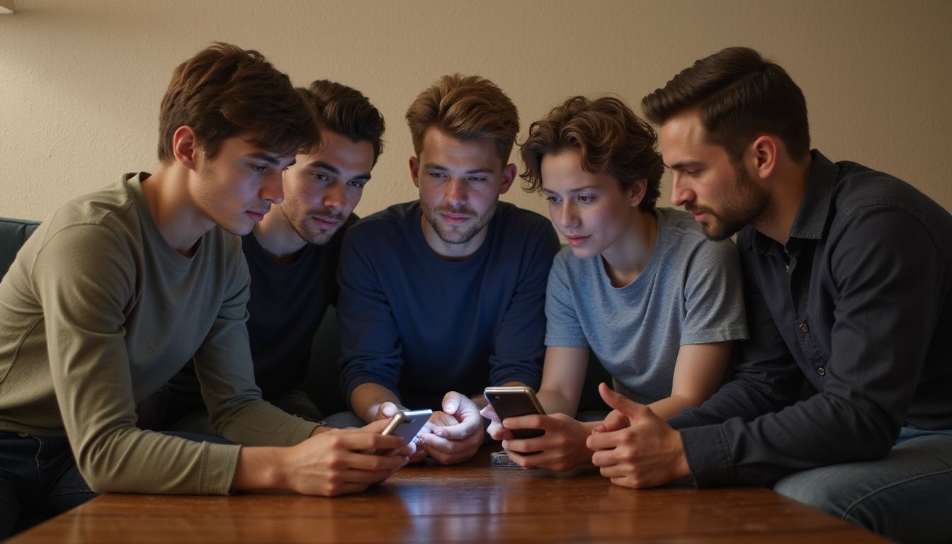 Five young adults gather around a smartphone for a game. Five young adults gather around a smartphone for a game.