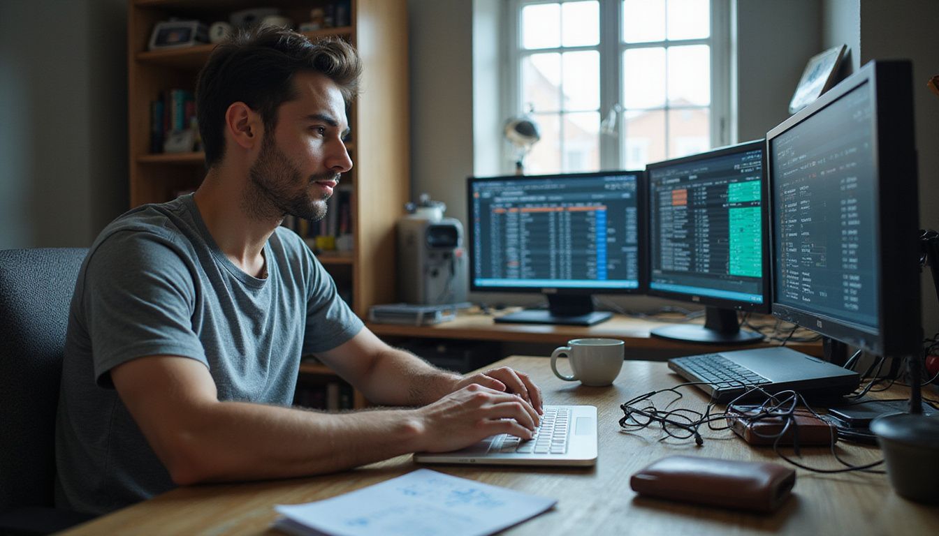 A man sits at his cluttered desk, focused on sports betting. A man sits at his cluttered desk, focused on sports betting.