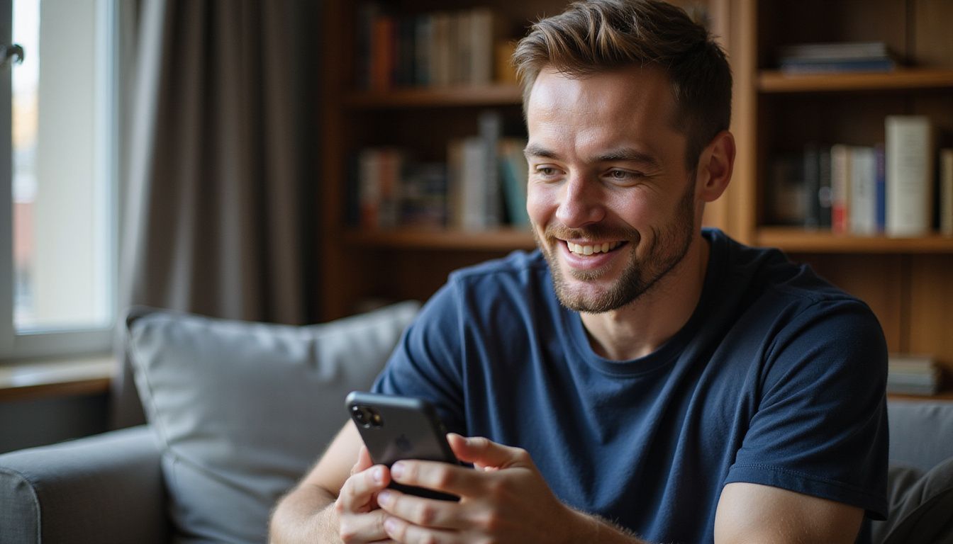 A man in his 40s smiling while looking at a PayPal transaction on his phone. A man in his 40s smiling while looking at a PayPal transaction on his phone.