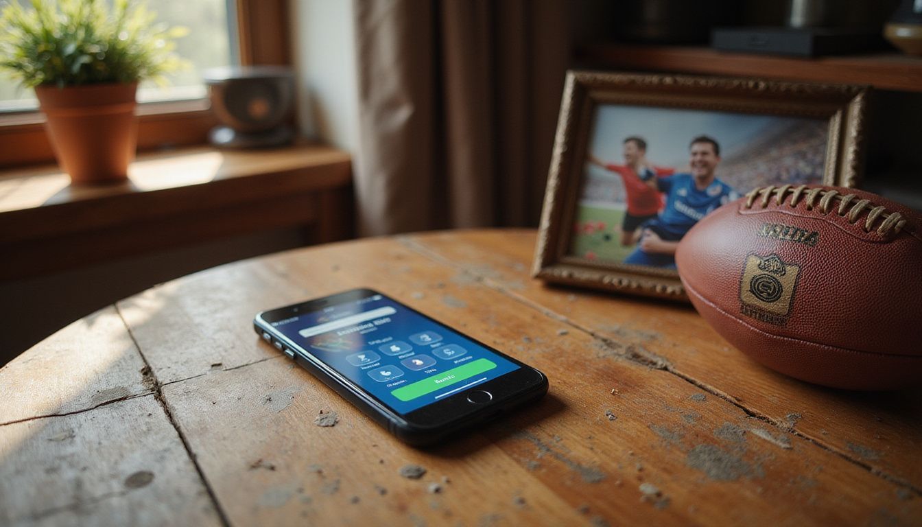 A smartphone displaying the Betmate app interface surrounded by sports memorabilia. A smartphone displaying the Betmate app interface surrounded by sports memorabilia.