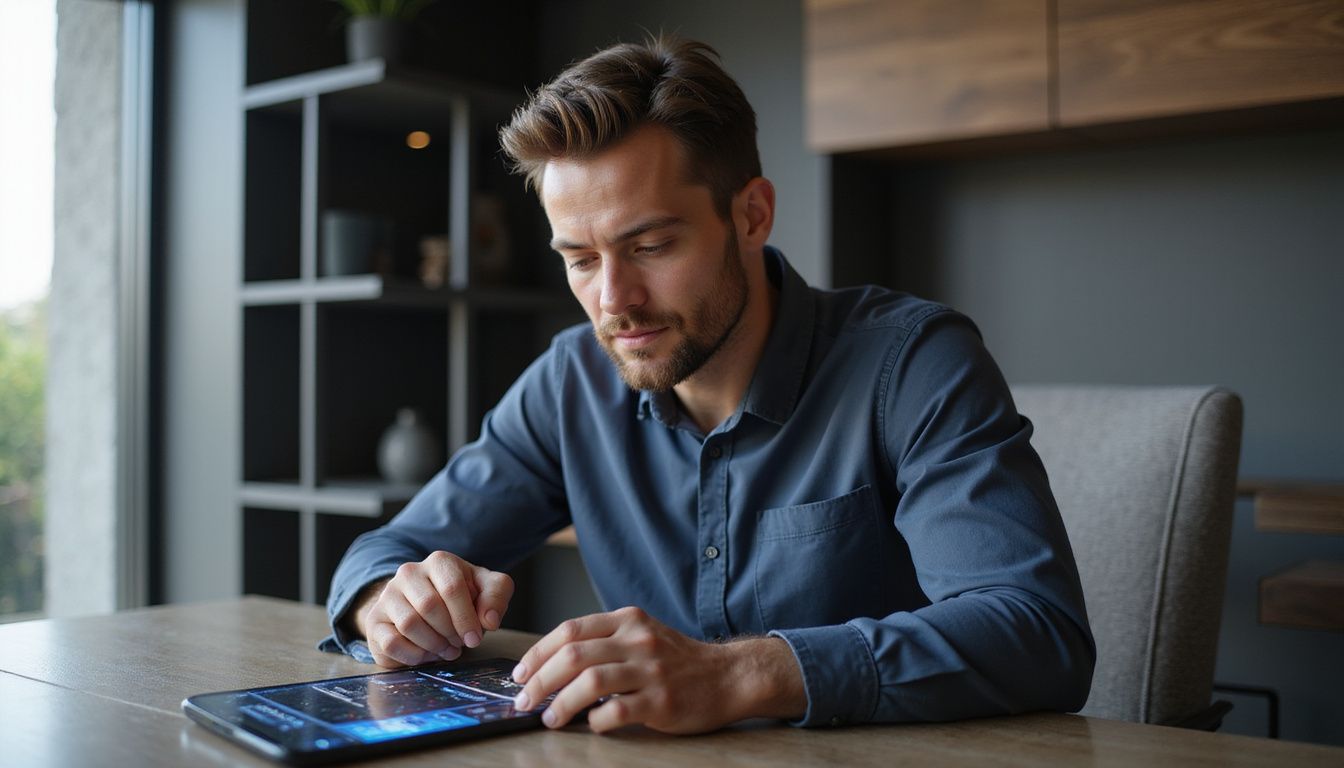 A man in his 30s is seated at a modern desk, playing casino games on his smartphone. A man in his 30s is seated at a modern desk, playing casino games on his smartphone.