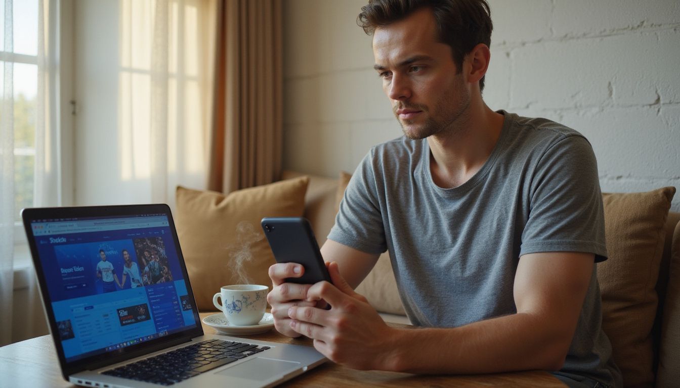 A person sitting at a table, looking at a sports betting app on their phone while holding a coffee cup. A person sitting at a table, looking at a sports betting app on their phone while holding a coffee cup.