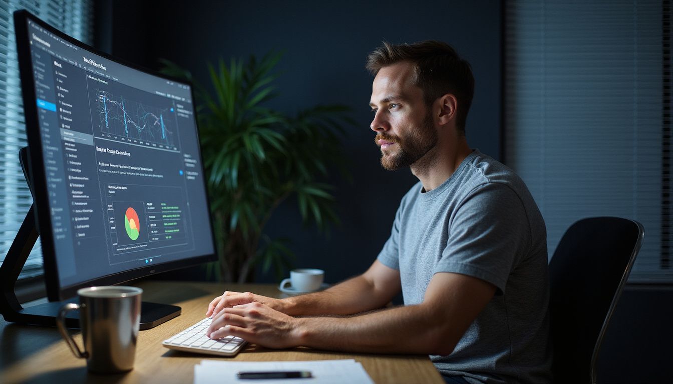 A man concentrates on security data displayed on a large computer monitor. A man concentrates on security data displayed on a large computer monitor.
