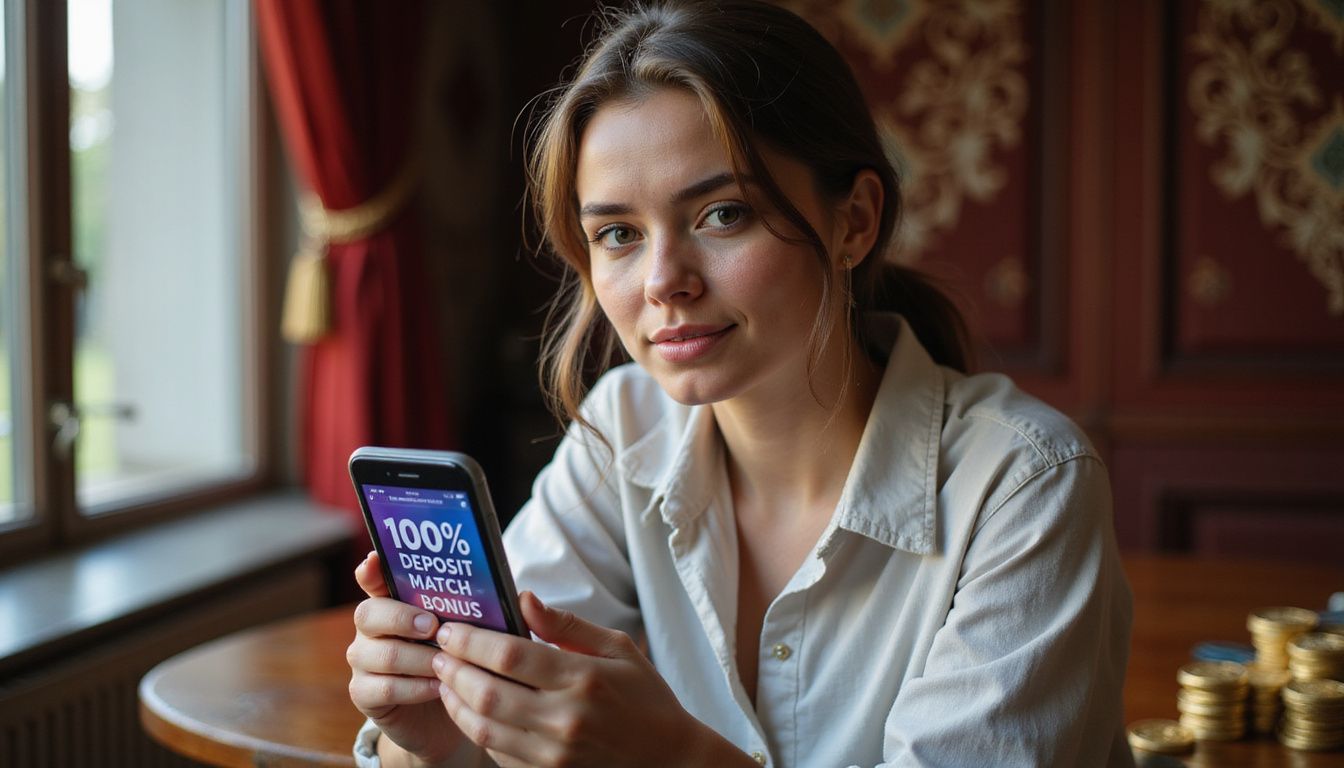 A young woman holds a smartphone displaying an online casino homepage. A young woman holds a smartphone displaying an online casino homepage.