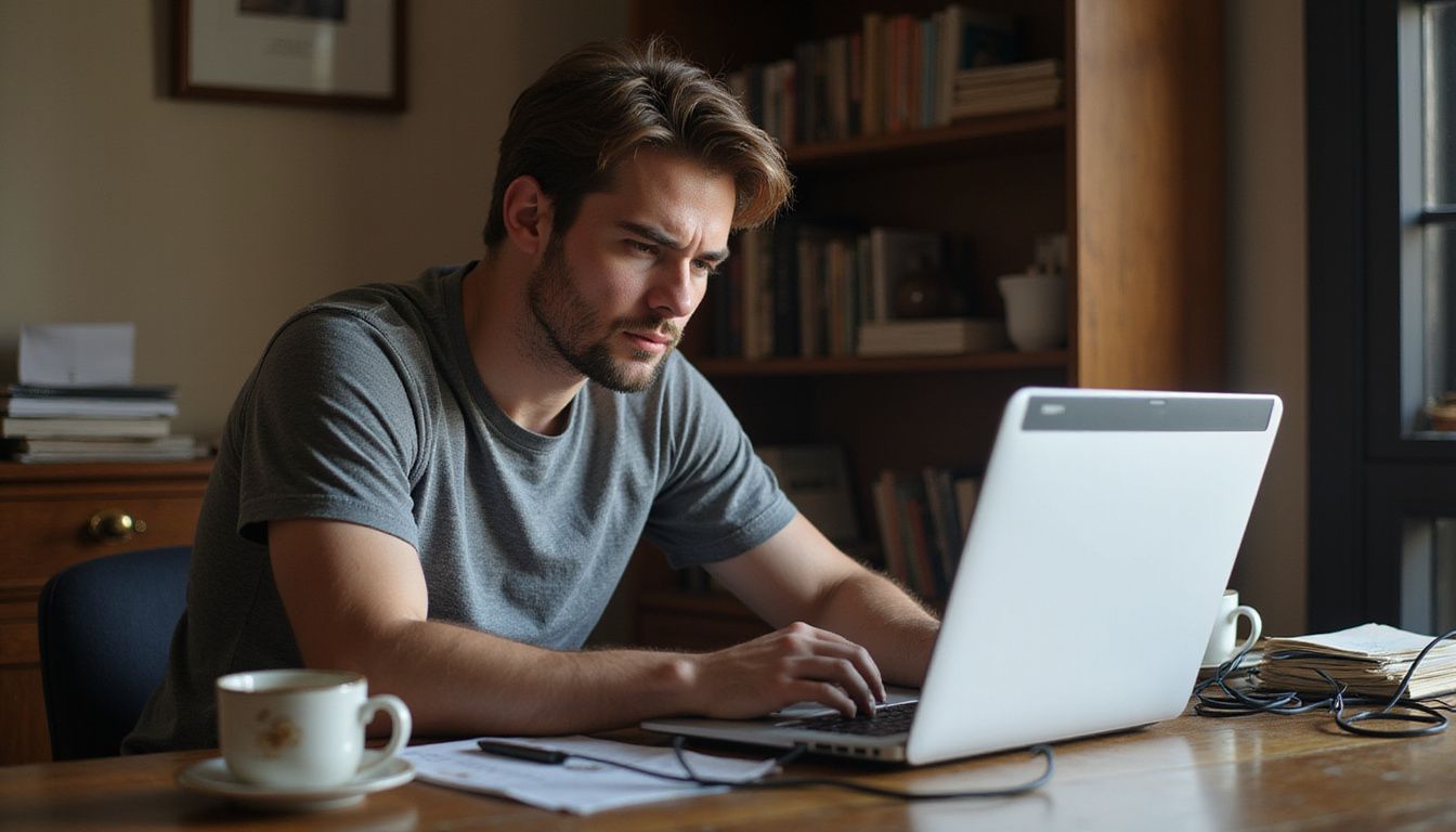 A frustrated man works at cluttered desk in dimly lit room. A frustrated man works at cluttered desk in dimly lit room.