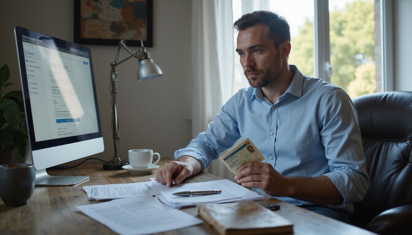 A focused man at a cluttered desk, working on document verification. A focused man at a cluttered desk, working on document verification.