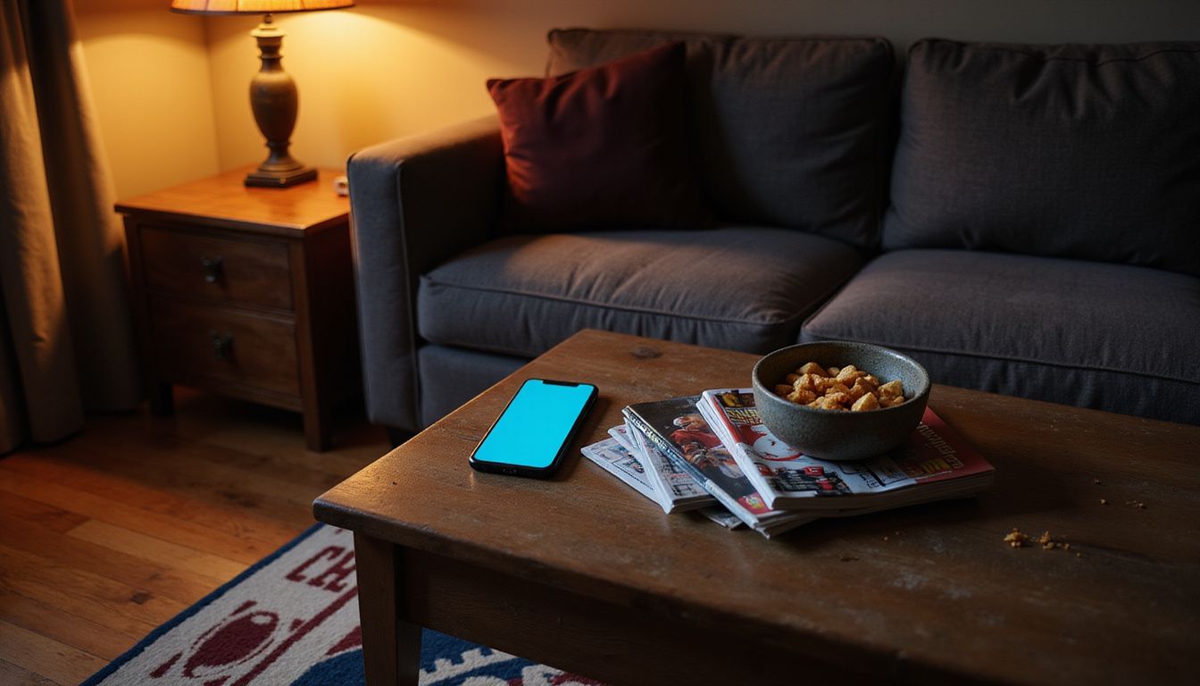 A cozy living room with sports magazines, smartphone, and snack bowl. A cozy living room with sports magazines, smartphone, and snack bowl.