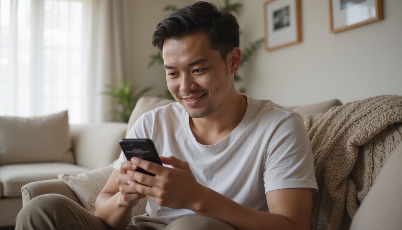A person sitting on a sofa, smiling at their phone notification. A person sitting on a sofa, smiling at their phone notification.