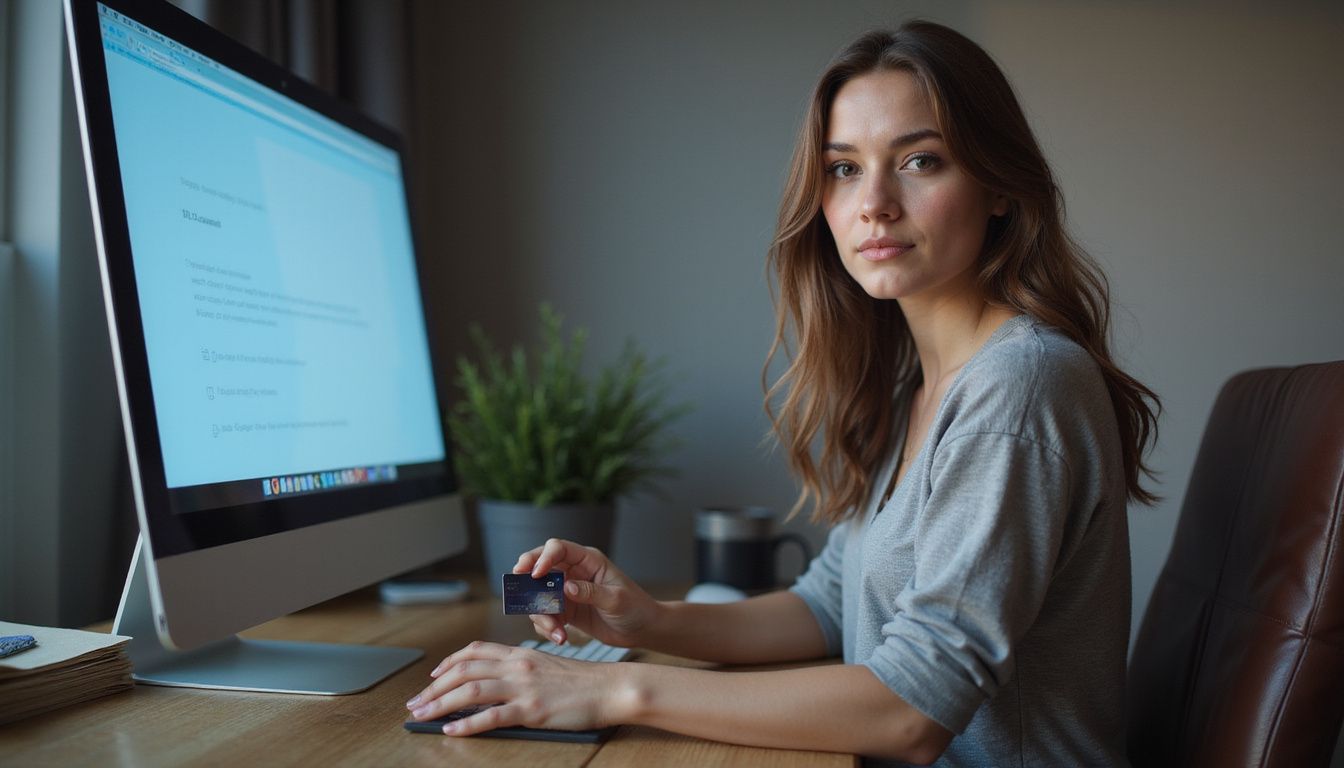 A serious woman holding a gambling website ID card at the desk. A serious woman holding a gambling website ID card at the desk.