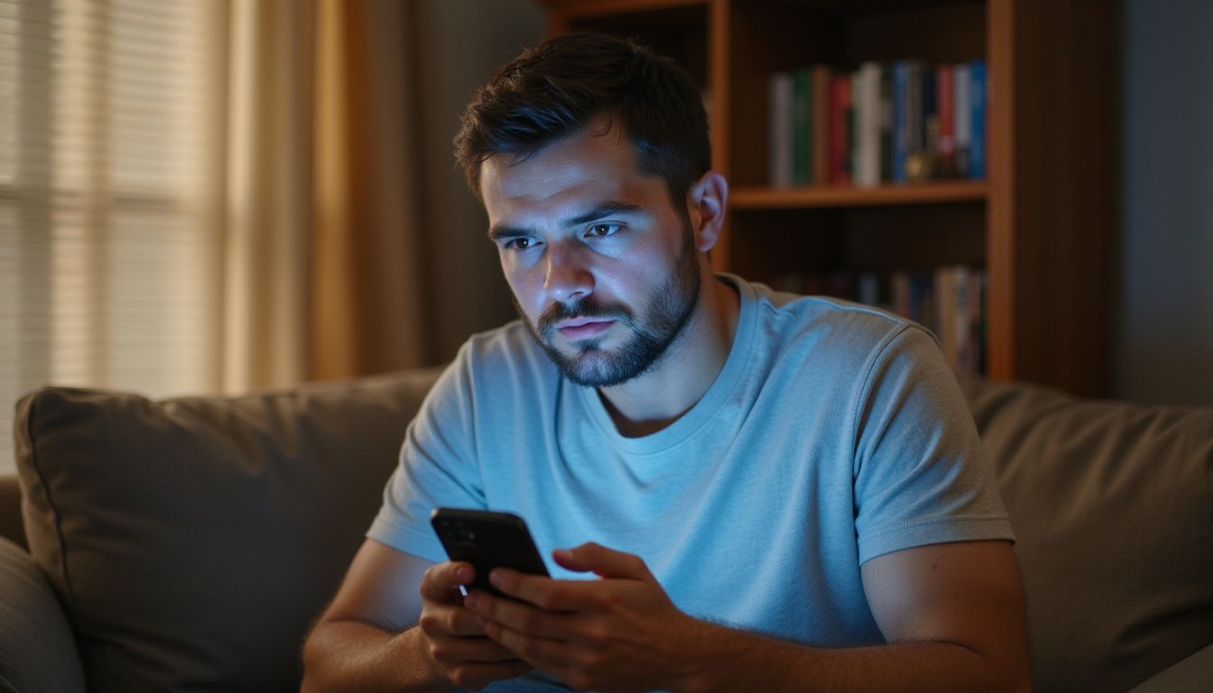 A person sits in a living room, anxiously staring at their phone. A person sits in a living room, anxiously staring at their phone.