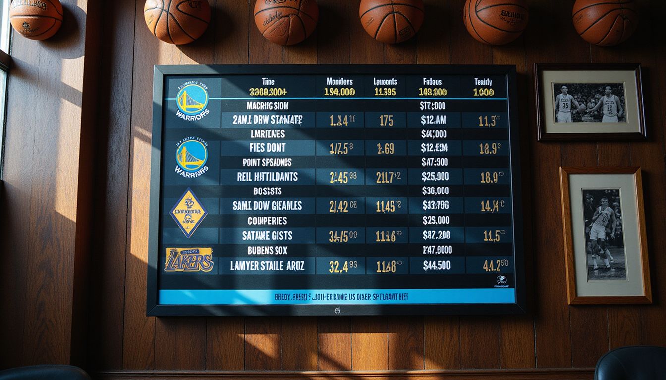 Detailed betting odds for a basketball game at a sportsbook display. Detailed betting odds for a basketball game at a sportsbook display.