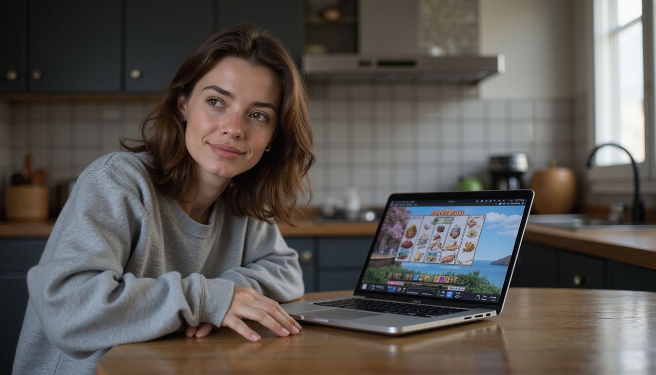 A woman in her 30s sits at a kitchen table, playing an online slot game on her laptop with a focused yet excited expression. A woman in her 30s sits at a kitchen table, playing an online slot game on her laptop with a focused yet excited expression.