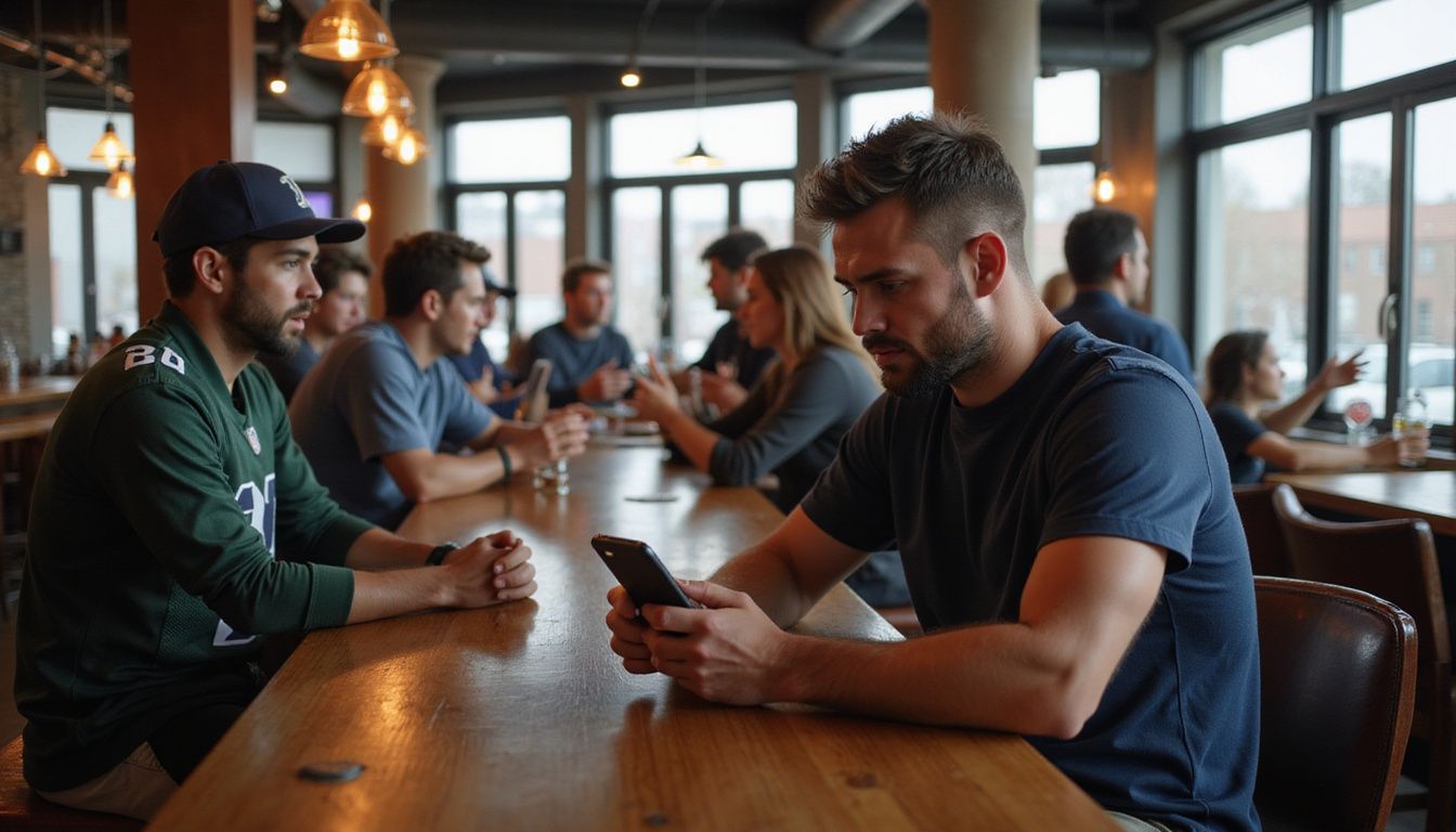 A man at a sports bar checks NFL odds on his phone. A man at a sports bar checks NFL odds on his phone.
